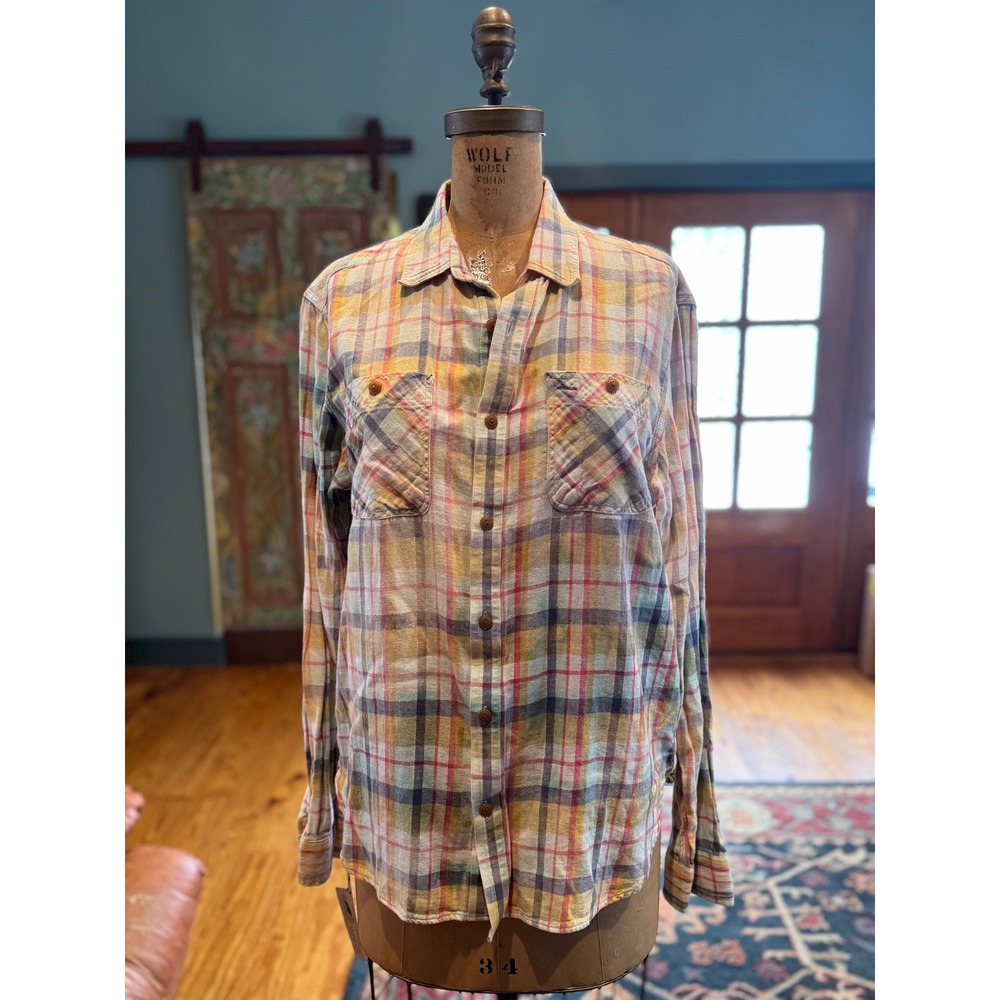 Plaid Button-Up Flannel Shirt w/ Vintage Safety Match Moth Patch Mens size M - Picture 4 of 7